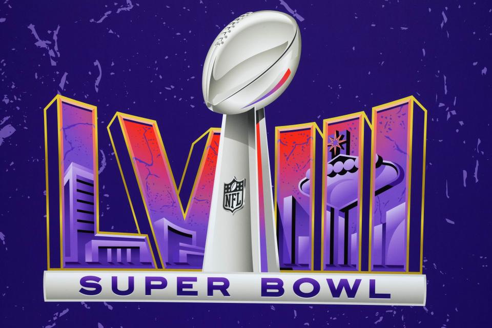 Jan 30, 2024; Las Vegas, NV, USA; The Super Bowl LVIII logo at the NFL Las Vegas store at Caesar's Palace. Mandatory Credit: Kirby Lee-USA TODAY Sports