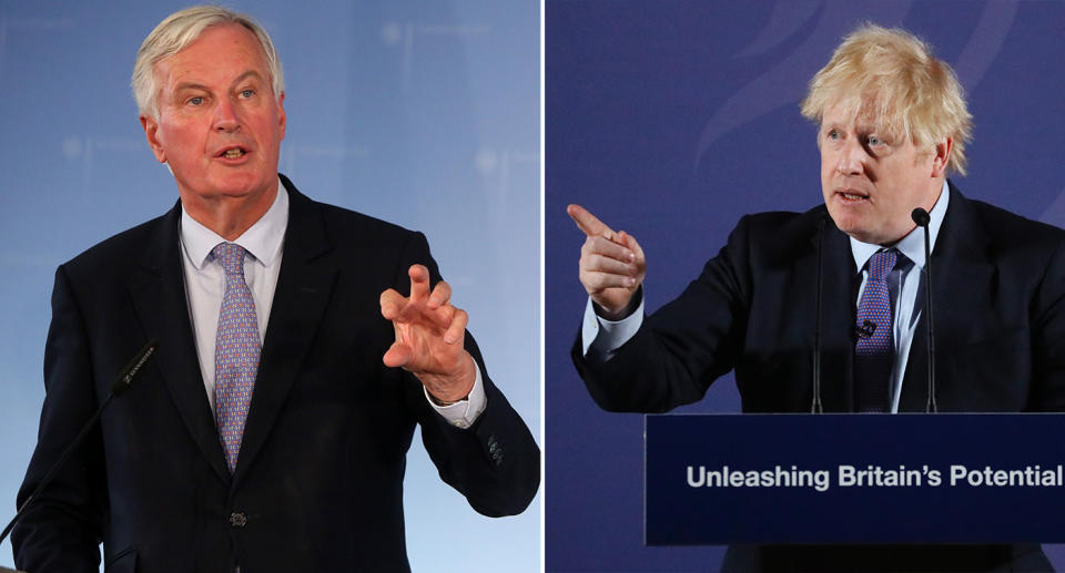 European Brexit negotiator Michel Barnier, left, and UK Prime Minister Boris Johnson delivering their speeches on Monday. Photo: Adam Berry/Frank Augstein - WPA Pool/Getty Images