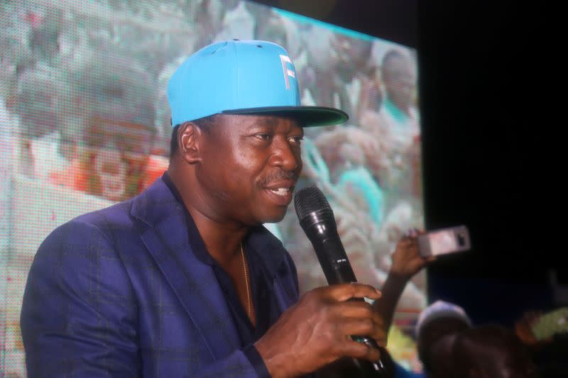 President Faure Gnassingbe and presidential candidate of UNIR (Union for the Republic), winner of the presidential election, speaks in front of his supporters at his headquater in Lome