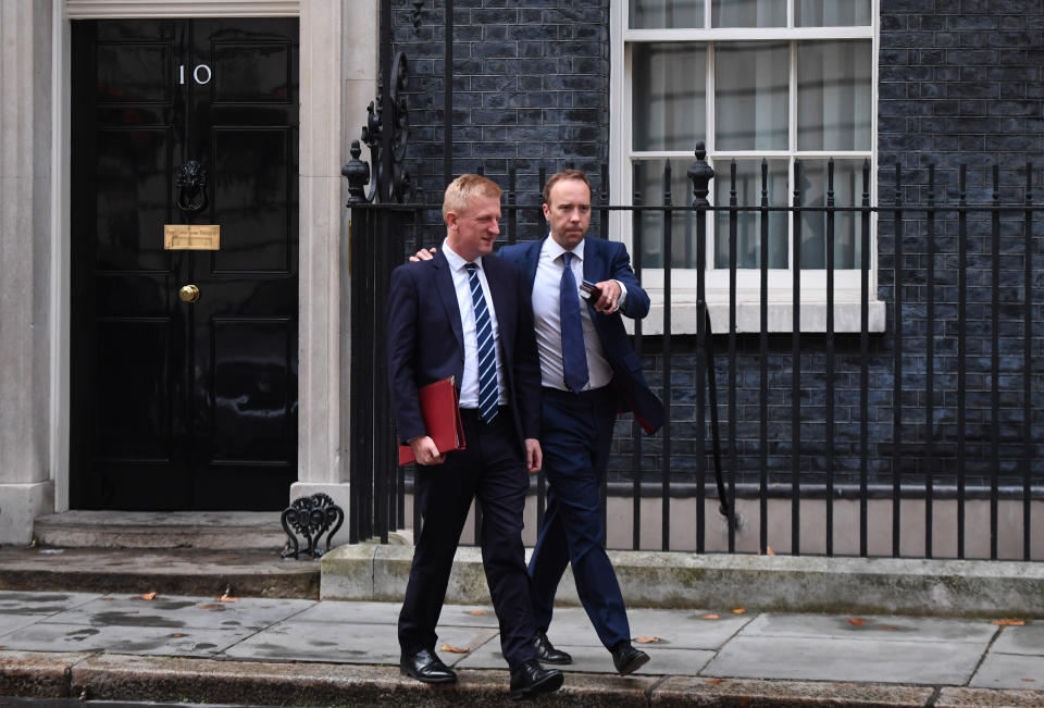 LONDON, ENGLAND - SEPTEMBER 26: Secretary of State for Health and Social Care, Matt Hancock (R) and Minister for the Cabinet Office, Paymaster General, Oliver Dowden (L) depart Downing Street on September 26, 2019 in London, England. The Prime Minster faced MPs in the Commons today and said the Supreme Court was wrong to block his suspension of parliament. (Photo by Chris J Ratcliffe/Getty Images)