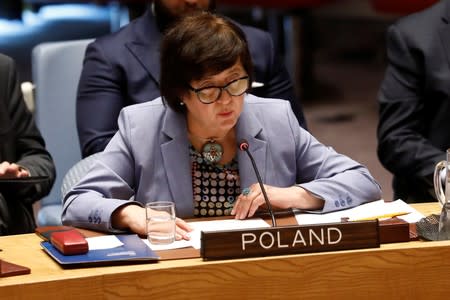 Joanna Wronecka, Poland's Ambassador to the United Nations, addresses the U.N. Security Council briefing on implementation of the resolution that endorsed the Iran nuclear deal at the United Nations headquarters in New York