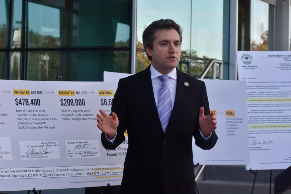 State Sen. James Skoufis, D-Cornwall, outlines evidence in his office's investigation into Orange County contracts he alleges were improperly procured to benefit the relative of a top county official.