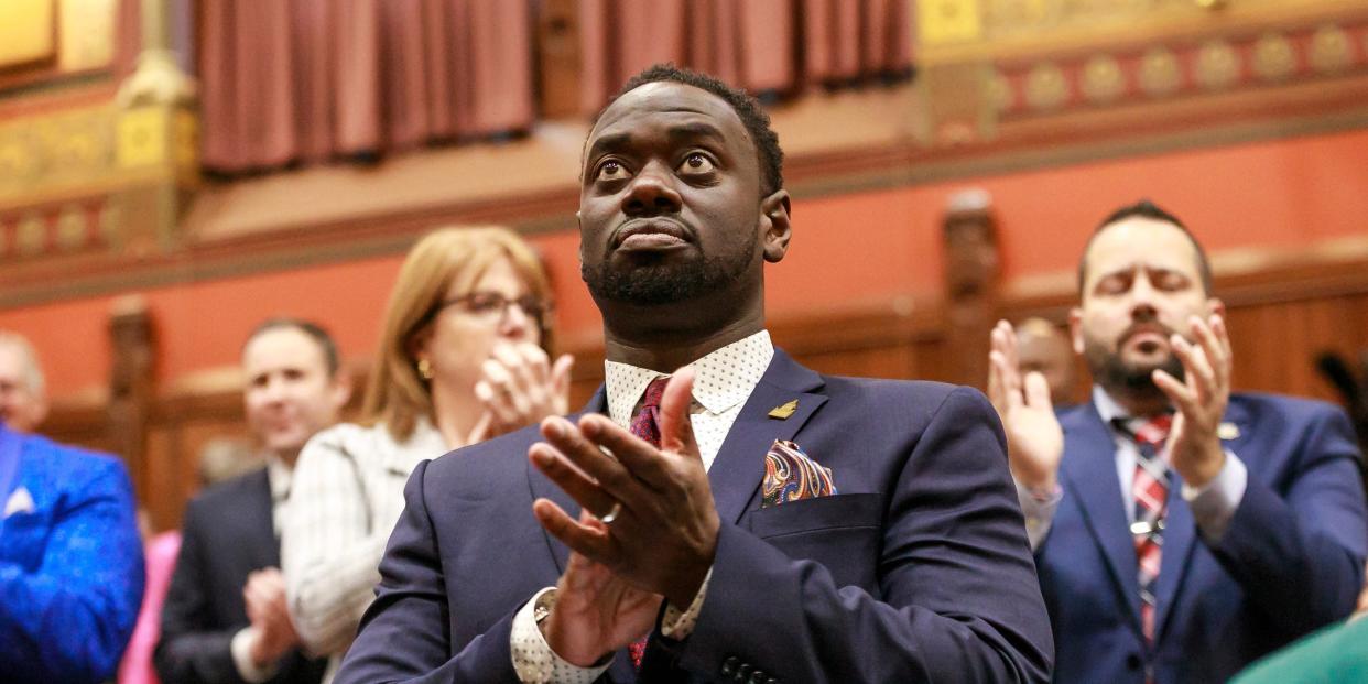 State Rep. Quentin Williams, D-Middletown, applauds during Connecticut Gov. Ned Lamont's state of the state address, Wednesday, Jan. 4, 2023, in Hartford, Conn.