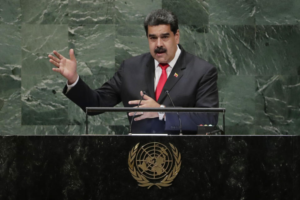 Venezuela's President Nicolas Maduro addresses the 73rd session of the United Nations General Assembly Wednesday, Sept. 26, 2018, at the United Nations headquarters. (AP Photo/Frank Franklin II)