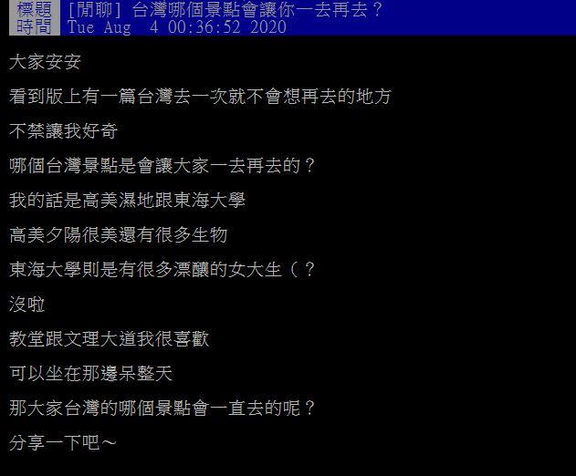 原PO好奇台灣哪個景點會想一去再去。（圖／翻攝自PTT）