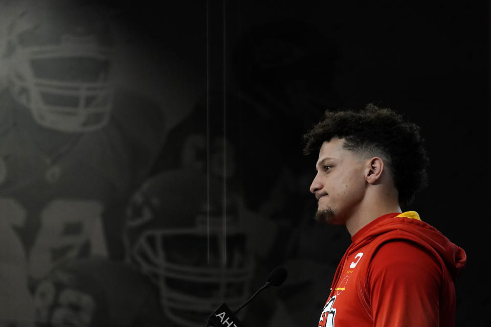 Kansas City Chiefs quarterback Patrick Mahomes talks to the media before an NFL football workout Wednesday, Jan. 25, 2023, in Kansas City, Mo. The Chiefs are scheduled to play the Cincinnati Bengals Sunday in the AFC championship game. (AP Photo/Charlie Riedel)