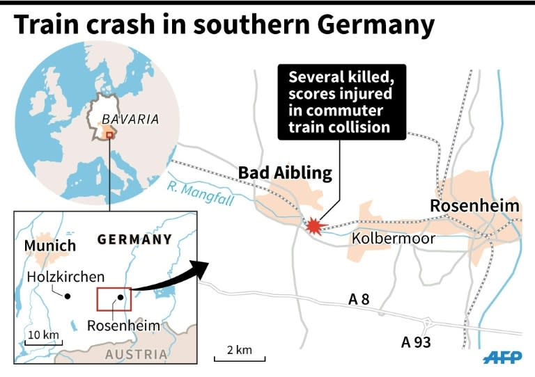 Close-up map of the area in Bavaria where 2 commuter trains collided on Tuesday