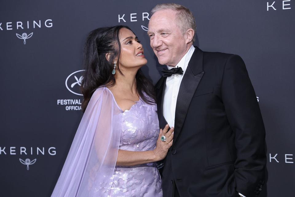 <p>Mike Marsland/WireImage</p> Salma Hayek and François-Henri Pinault on May 19, 2024