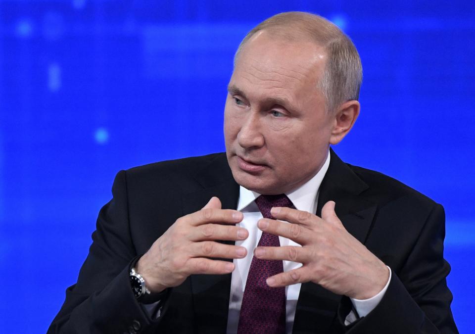 Russian President Vladimir Putin gestures while speaking during his annual call-in show in Moscow, Russia, Thursday, June 20, 2019. Putin hosts call-in shows every year, which typically provide a platform for ordinary Russians to appeal to the president on issues ranging from foreign policy to housing and utilities. (Alexei Nikolsky, Sputnik, Kremlin Pool Photo via AP)