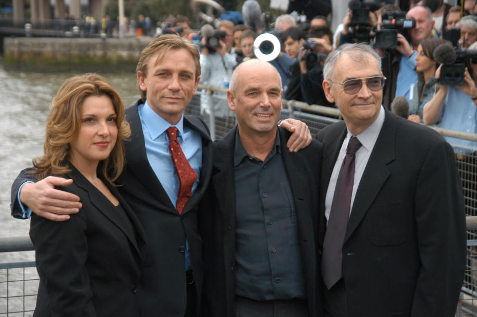 Actor Daniel Craig (centre left), being presented to the press  at St Catharines's dock as the new James Bond alongside director Martin Campbell (centre, right) and producers Barbara Boccoli, Michael G Wilson, London, 14 October 2005. (Photo by Phil Dent/Redferns)