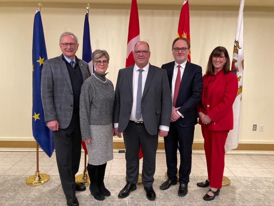 Premier Blaine Higgs, Saint John Mayor Donna Reardon, school CEO Sylvain Olivier, consul general of France in the Atlantic provinces Johan Schitterer, and Envision Saint John CEO Paulette Hicks were all present at a Jan. 16, 2023 photo opportunity at the announcement of the new school. 