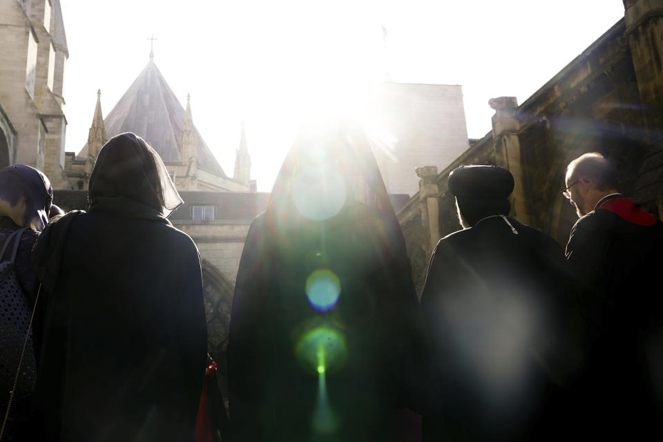 Members of different religious communities attend a Coronation Big Lunch hosted by the Archbishop of Canterbury, at Westminster Abbey, April 18.<span class="copyright">PA Images/AP</span>