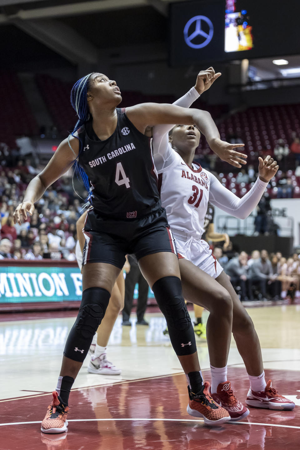 South Carolina forward Aliyah Boston (4) battles Alabama center Jada Rice (31) under the basket during the second half of an NCAA college basketball game, Sunday, Jan. 29, 2023, in Tuscaloosa, Ala. (AP Photo/Vasha Hunt)