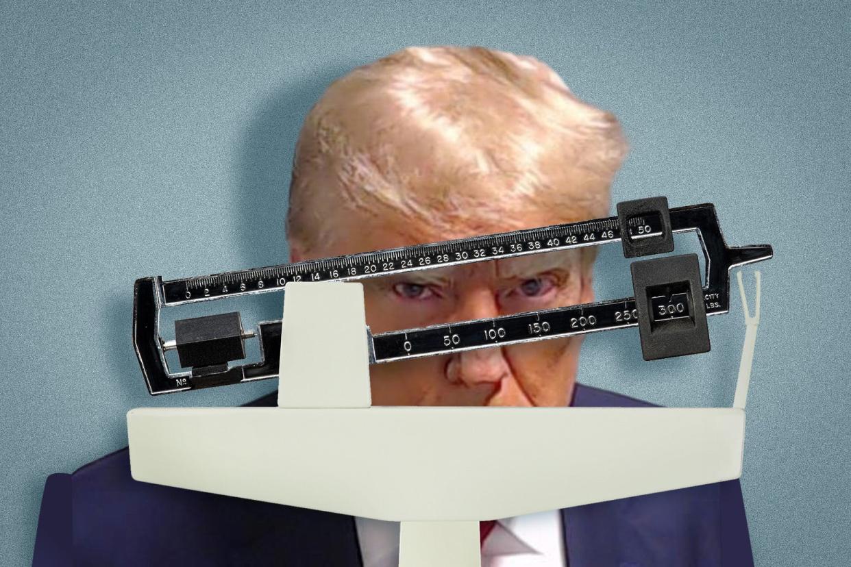 Donald Trump glowers between the bars of a doctor's scale.