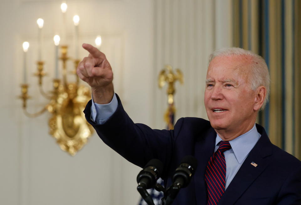 U.S. President Joe Biden delivers remarks on the U.S. debt ceiling from the State Dining Room of the White House in Washington, U.S. October 4, 2021. REUTERS/Jonathan Ernst