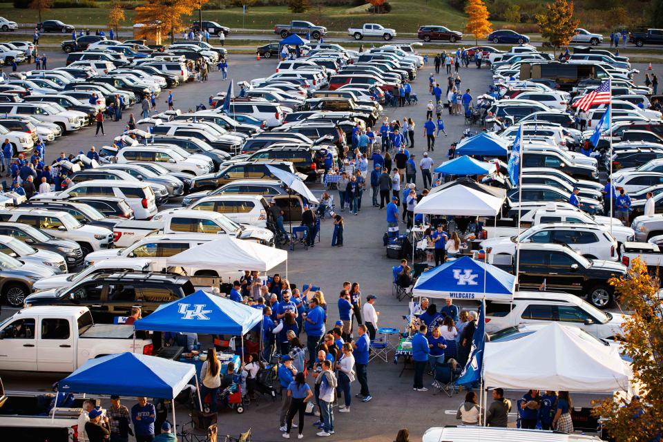 Oct 15, 2022; Lexington, Kentucky, USA; Fans tailgate in the parking lot before the game between the Kentucky Wildcats and the Mississippi State Bulldogs at Kroger Field. Mandatory Credit: Jordan Prather-USA TODAY Sports