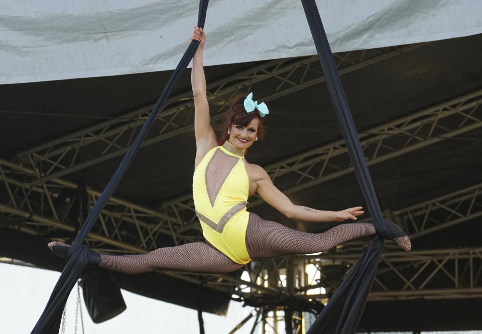 NEWQUAY, ENGLAND - JULY  19: The circus performers show their skills on the opening night of Britain's first ever drive-in circus performed by The Paulos Circus on July 19, 2020, at Circus Field, Newquay, Cornwall, United Kingdom. Formed in 1816, The Paulos Circus is Britain's oldest circus. The holiday season commenced in Cornwall on July 4th with the lifting of restrictions on hotels, holiday lets and camp sites after three months shutdown. (Photo by Hugh R Hastings/Getty Images)