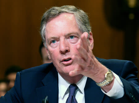 FILE PHOTO: U.S. Trade Representative Robert Lighthizer gestures as he testifies before Senate Appropriations Commerce, Justice, Science, and Related Agencies Subcommittee hearing on the proposed budget estimates and justification for FY2019 for the Office of the United States Trade Representative, at the Dirksen Senate Office Building in Washington, U.S., July 26, 2018. REUTERS/Mary F. Calvert