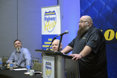 Andrew Waits accepts the 38th Goodyear Highway Hero Award, a program that has celebrated professional truck drivers who act courageously for the good of others on highways across the United States and Canada since 1983. Waits is recognized for his quick thinking and courageous act of bravery that saved the life of an injured motorcyclist in August 2022 (Phelan M. Ebanhack for Goodyear)