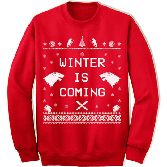 “Winter is Coming” Ugly Christmas Sweater Winter is coming, but you’ll be prepared for the bitter winds with this tastefully ugly sweater. Truthfully, it’s less ugly than a lot of the behavior we’ve seen on Game of Thrones over the past five seasons. Available in black, red and white. Etsy, $21.95 (Credit: Etsy.com)