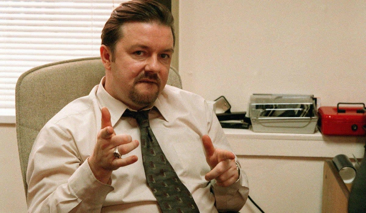 Ricky Gervais as David Brent in Slough-based TV mockumentary The Office (BBC)