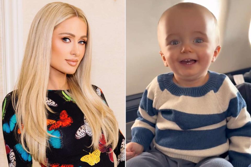 <p>Kevin Ostajewski; Paris Hilton/TikTok</p> Paris Hilton (L), son Phoenix (R)