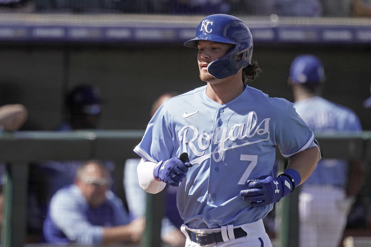 Royals prospect Bobby Witt Jr. hit a home run Tuesday in spring training that immediately drew comparisons to Mike Trout. (AP Photo/Charlie Riedel)
