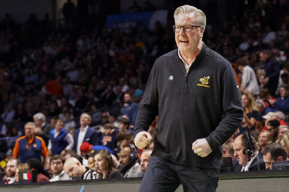 Iowa coach Fran McCaffery reacts to a call during the first half of the team's first-round college basketball game against Auburn in the men's NCAA Tournament in Birmingham, Ala., Thursday, March 16, 2023. (AP Photo/Butch Dill)