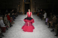 A model walks the runway at the Christian Siriano Fall/Winter 2021 at Gotham Hall during New York Fashion Week on Thursday, Feb. 25, 2021, in New York. (Photo by Evan Agostini/Invision/AP)