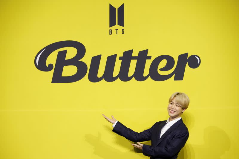 K-pop boy band BTS member Jimin poses for photographs during a photo opportunity promoting their new single 'Butter' in Seoul
