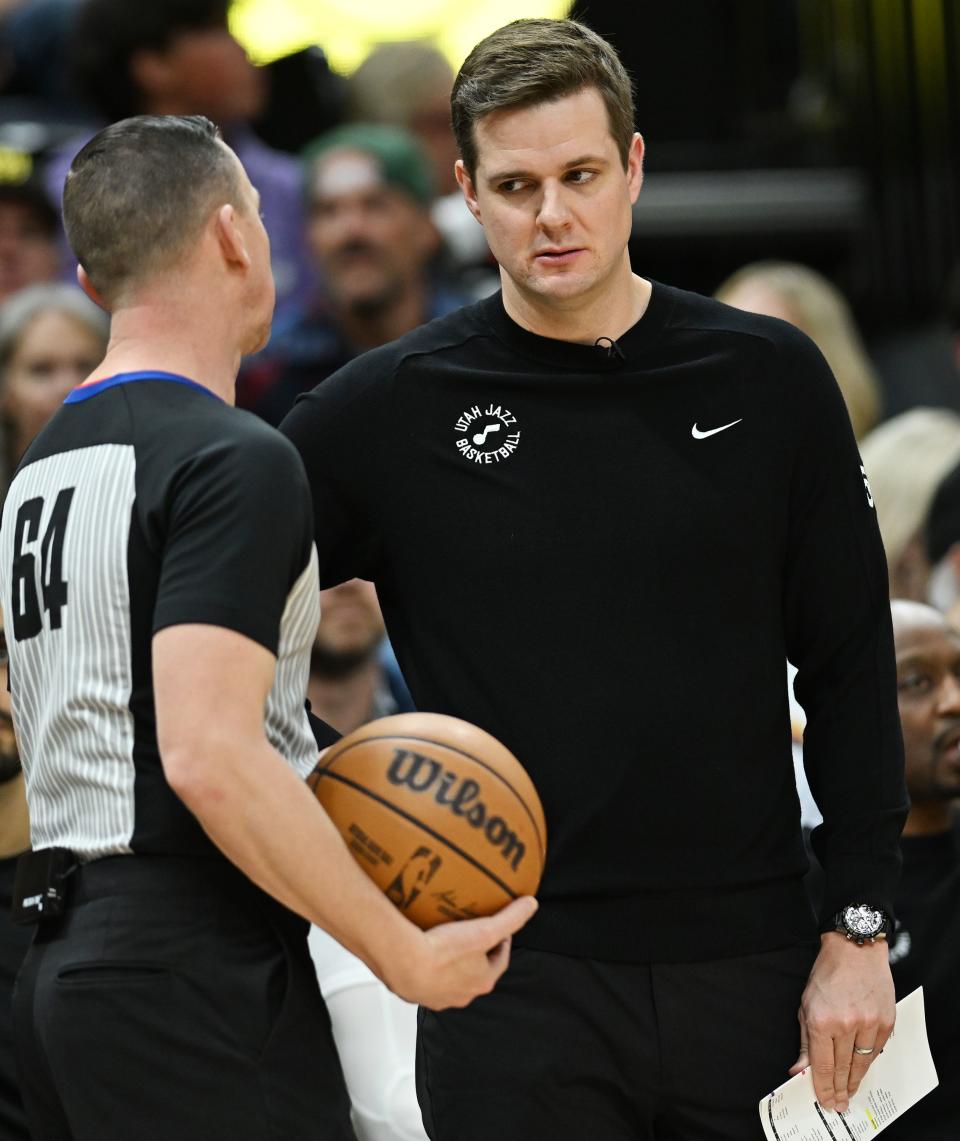 Utah Jazz Head Coach Will Hardy listens to referee Justin Van Duyne (64) as the Utah Jazz and Los Angeles Lakers play at the Delta Center in Salt Lake City on Saturday, Jan. 13, 2024. | Scott G Winterton, Deseret News