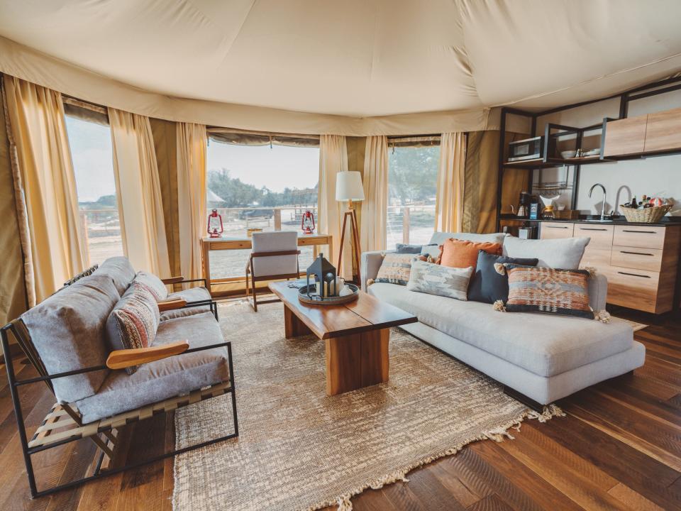 living room in luxe tent