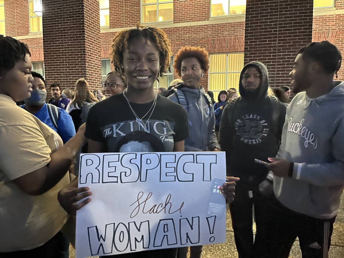 Jaaliyah Biggers, a University of Kentucky freshman, displays at sign at a march against racism rally on UK’s campus on Nov. 7, 2022. The march was organized after video of a white UK student, Sophia Rosing, saying racist slurs to a Black student desk clerk, Kylah Spring, went viral on social media.