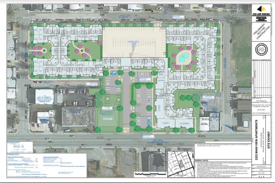 A site plan for the apartments Commonwealth Properties has proposed for 2222 Main Street.