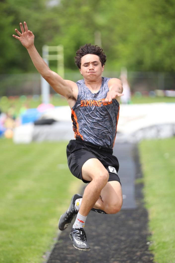 Roman Iott of Summerfield competes in the long jump during the Division 4 Regional Saturday, May 21, 2022 at Webberville.