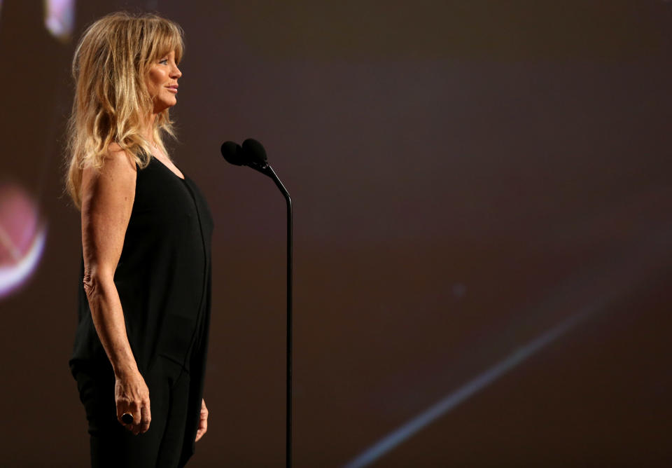 Goldie Hawn stands onstage during rehearsals for the 86th Academy Awards in Los Angeles, Saturday, March 1, 2014. The Academy Awards will be held at the Dolby Theatre on Sunday, March 2. (Photo by Matt Sayles/Invision/AP)