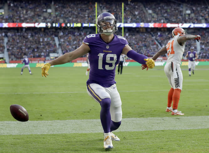 Adam Thielen really took off in variable PPR leagues last year. With Kirk Cousins now tossing him the pill, he could climb even higher. (AP Photo/Matt Dunham)