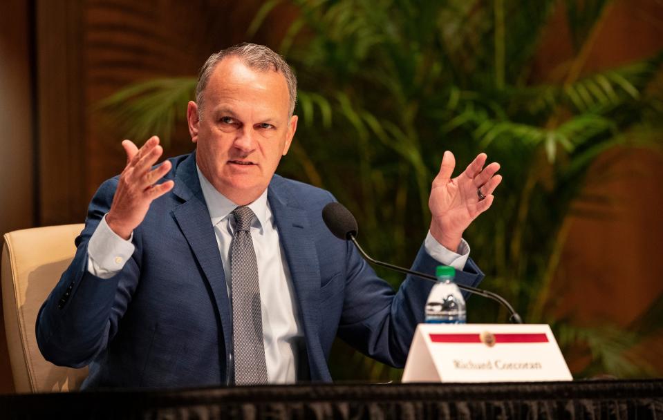 Richard Corcoran, Florida Education Commissioner and former Speaker of the Florida House, responds to questions asked by the Florida State Presidential Search Committee on Saturday, May 15, 2021.