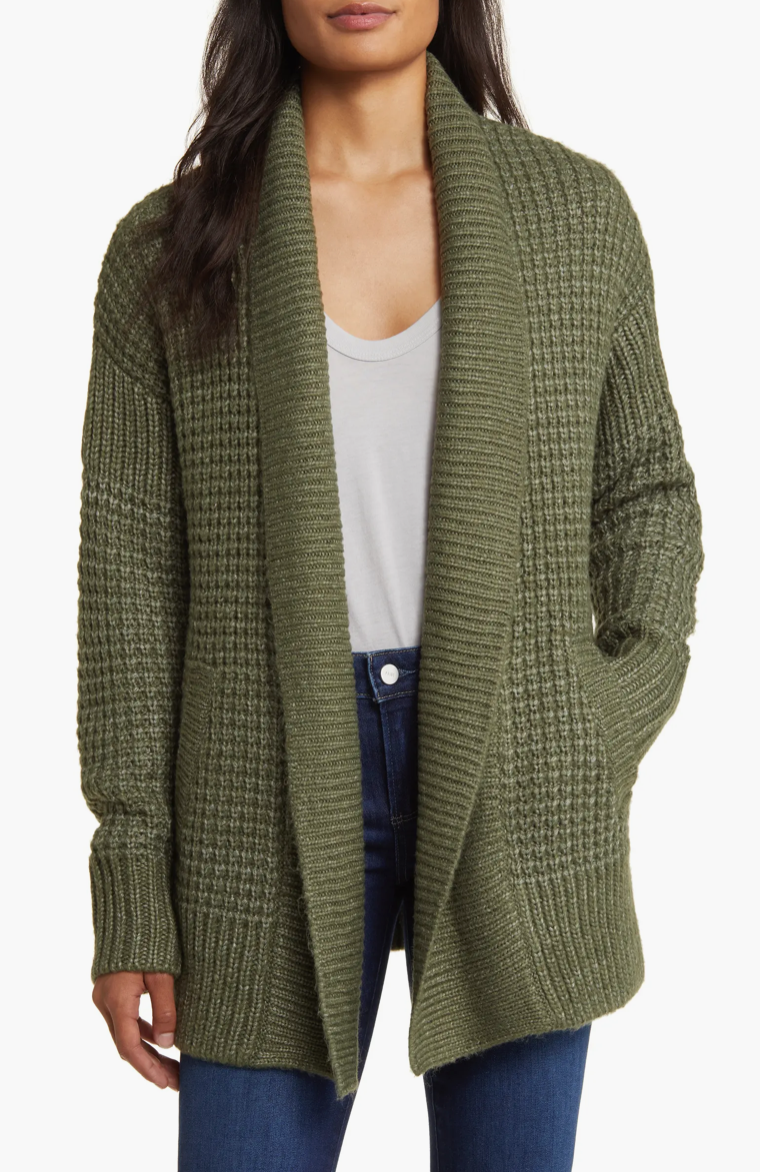 Cozy up in this oversized waffle-knit cardi this fall. 