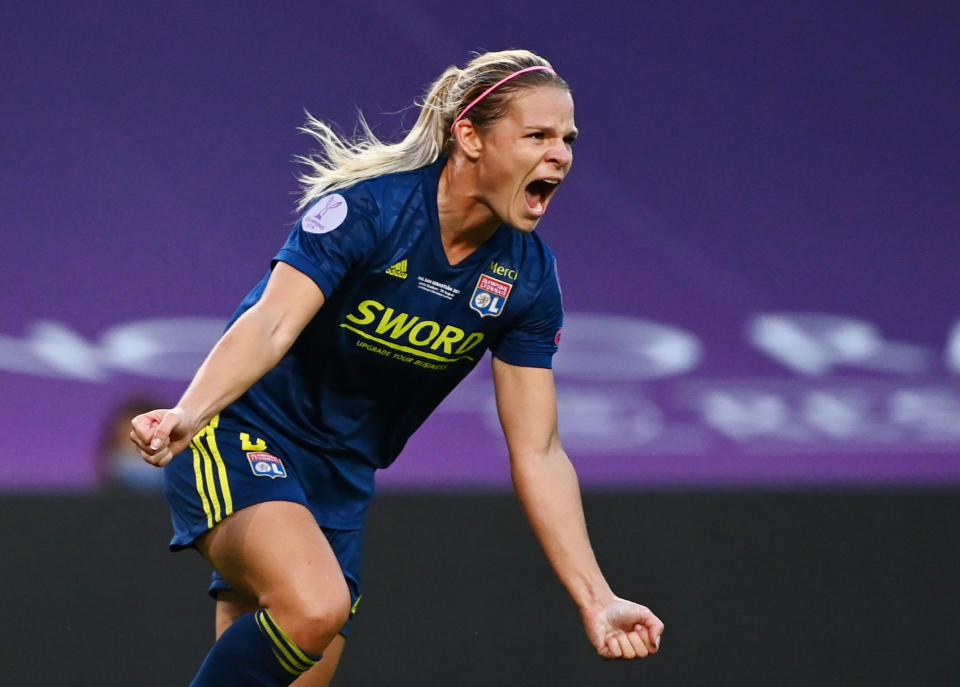 Lyon's Eugénie Le Sommer celebrates scoring her team's first goal in Sunday's UEFA Women's Champions League final win over Wolfsburg. (Reuters/Gabriel Bouys)