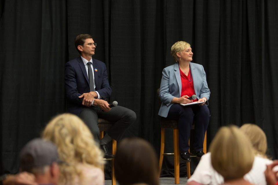 Candidates Neil Walter, left, and Kristy Pike, candidates for a spot in the Utah House of Representatives, participate in a debate hosted by the Washington County Republican Party at the Dixie Convention Center on Tuesday, May 17. The two are vying for the Republican nomination to represent Utah House District 74, which includes much of the western side of Washington County.