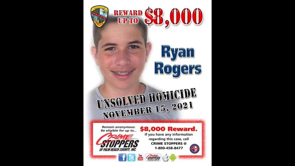 A Crime Stoppers flier seeking information on the murder of Ryan Rogers, 14, who was found dead in November 2021 in Palm Beach Gardens.