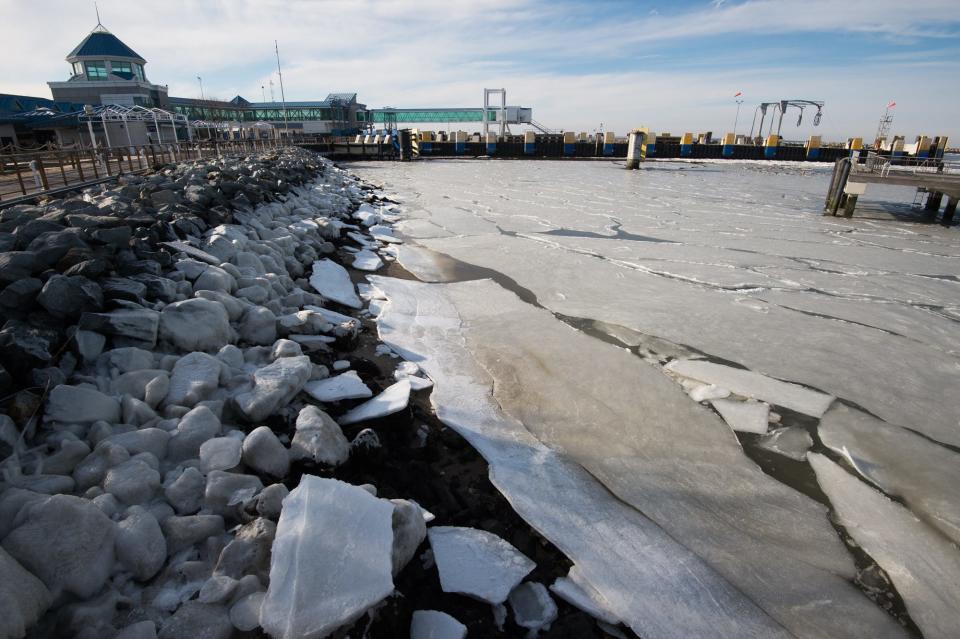 View of ice at the Cape May-Lewes Ferry Terminal in Lewes.