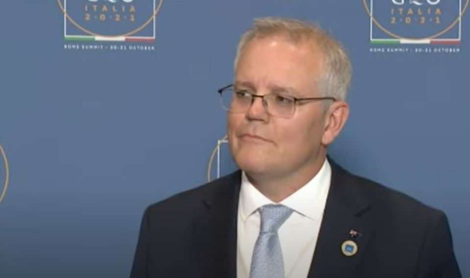 Prime Minister Scott Morrison speaks to reporters at the G20 summit in Rome.
