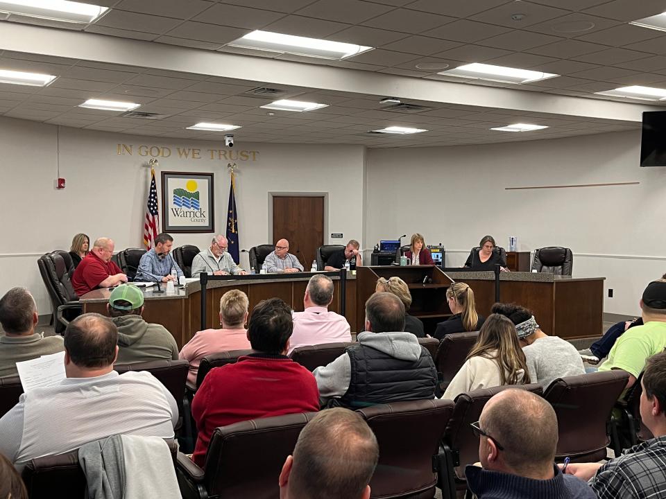 A packed audience takes in Monday afternoon's Warrick County Commission meeting, the first of the bi-monthly meetings to be held following commissioners Terry Phillippe, Robert Johnson an Dan Saylor's arrests on Feb. 8.