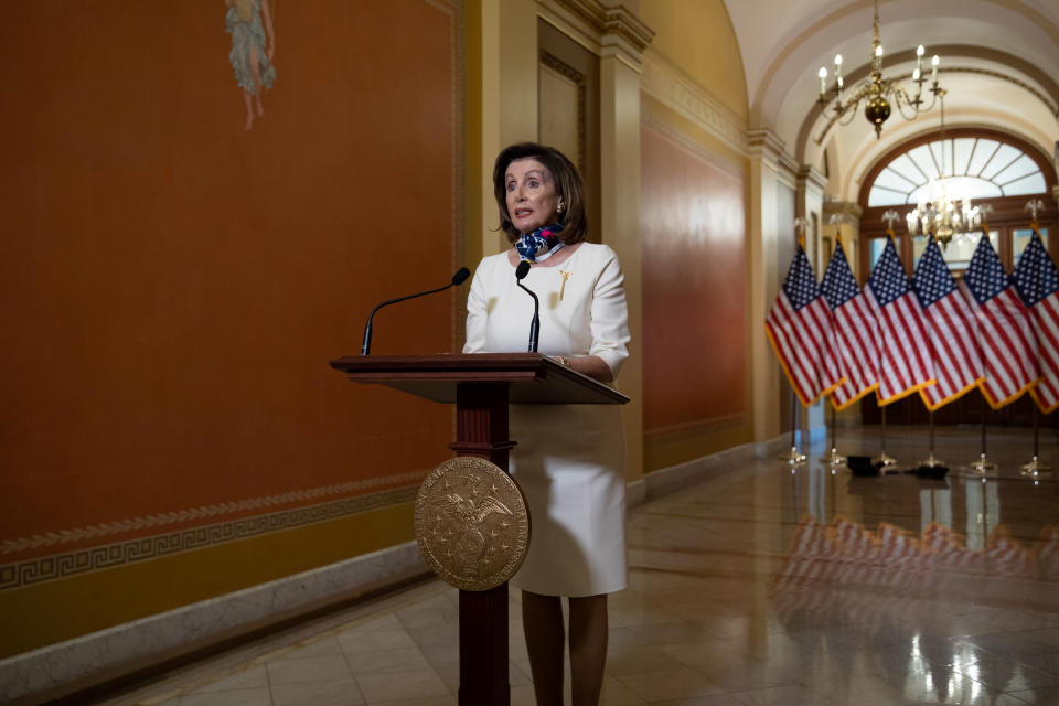 U.S. House Speaker Nancy Pelosi (D-CA) speaks about the 'Heroes Act', a proposal for the next phase of the coronavirus disease (COVID-19) relief legislation, on Capitol Hill in Washington, U.S., May 12, 2020. Graeme Jennings/Pool via REUTERS