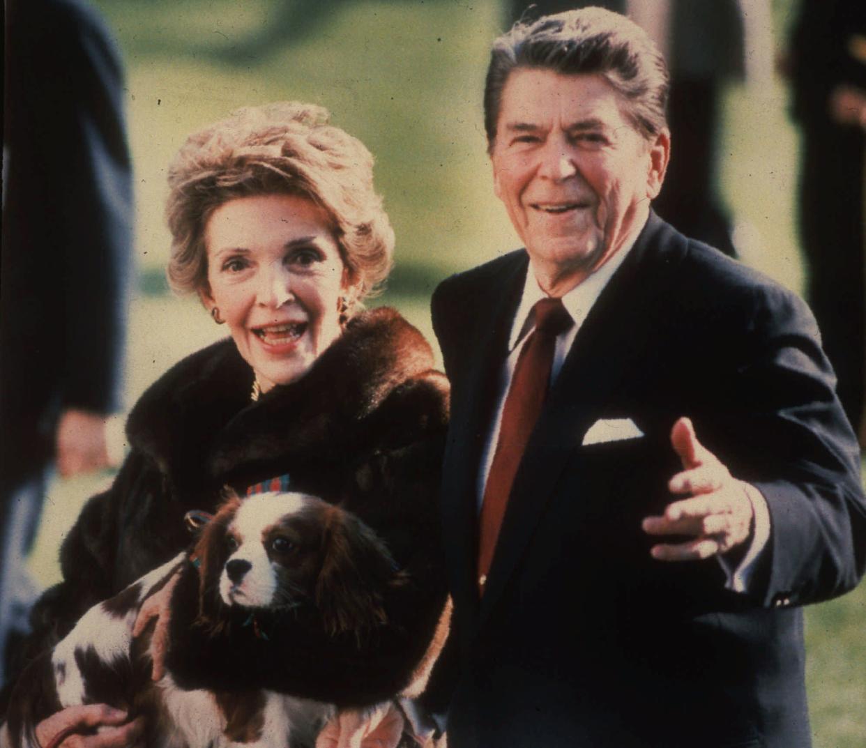 This December 1986, file photo shows first lady Nancy Reagan holding the Reagans' pet Rex, a King Charles spaniel, as she and President Reagan walk on the White House South lawn. The arrival of the Biden pets will also mark the next chapter in a long history of pets residing at the White House after a four-year hiatus during the Trump administration.
“Pets have always played an important role in the White House throughout the decades,” said Jennifer Pickens, an author who studies White House traditions. (AP Photo/Dennis Cook, File)