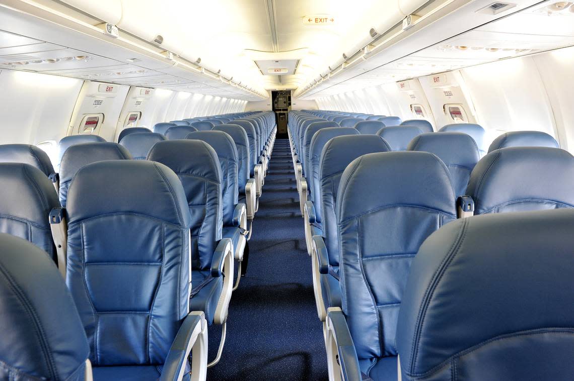 The interior cabin of a Delta Air Lines Boeing 737-800 is shown in this photo from the airline. Delta will begin offering nonstop flights aboard 737-800 jets between Hartsfield-Jackson International Airport in Atlanta, where the airline is based, and Fresno, California starting in June 2024.