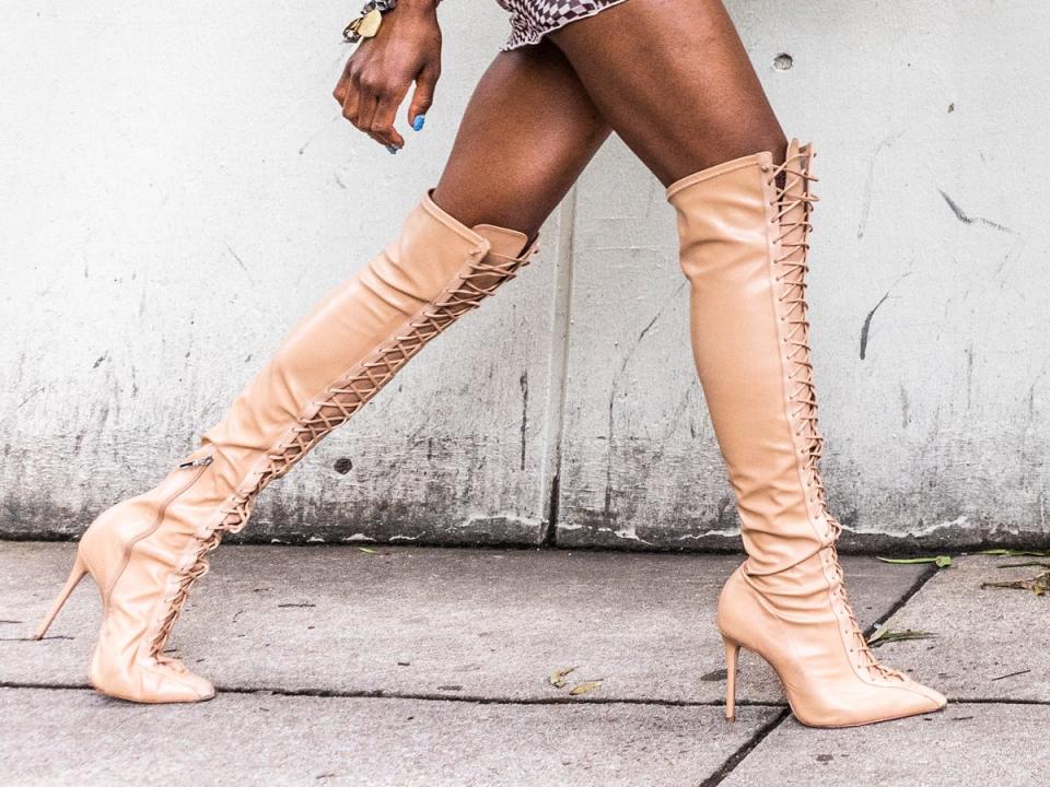 Peach lace-up knee-high boots