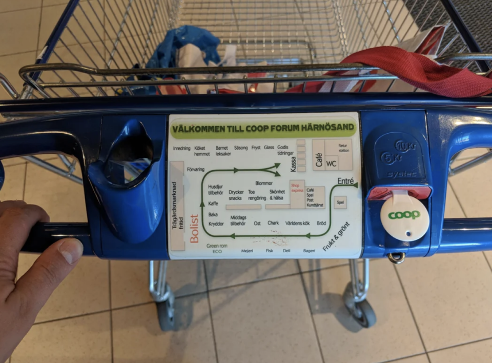 Shopping cart handle with a map of Coop Forum store's layout and various sections labeled in Swedish